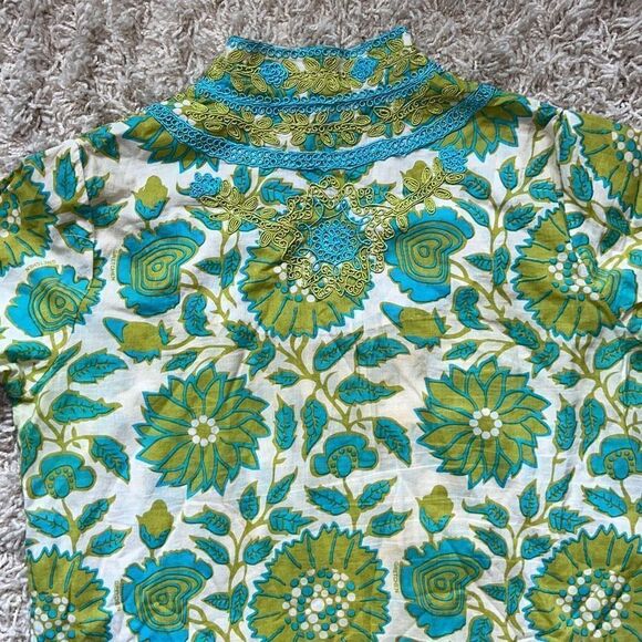 GRETCHEN SCOTT DESIGNS Embroidered Green White & Aqua Foliage Tunic Pullover XS - Picture 12 of 16